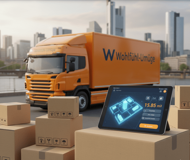 Ein orangefarbener Umzugswagen von Wohlfühl-Umzüge mit Umzugskartons und einem Tablet, das den Volumen-Rechner in m3 anzeigt.