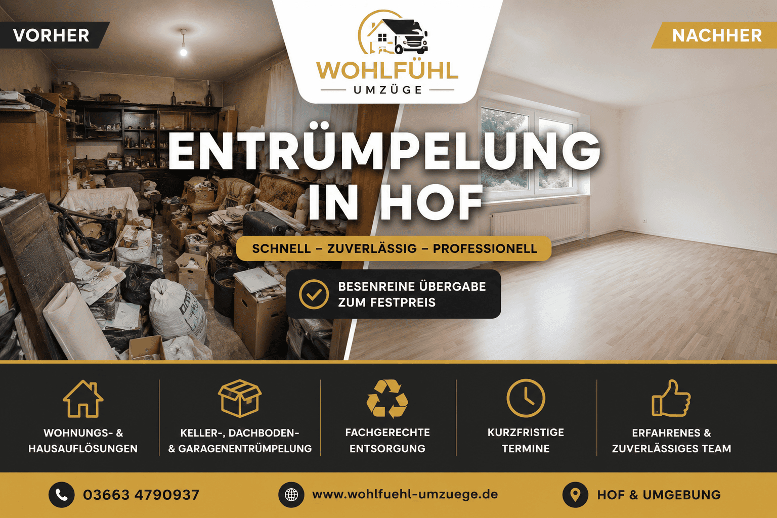 Entrümpelung in Hof – Vorher-Nachher Haushaltsauflösung mit besenreiner Übergabe | Wohlfühl Umzüge