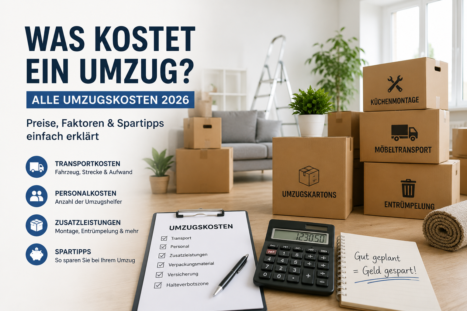 Was kostet ein Umzug? Übersicht der Umzugskosten 2026 mit Tipps zur Kostenplanung.